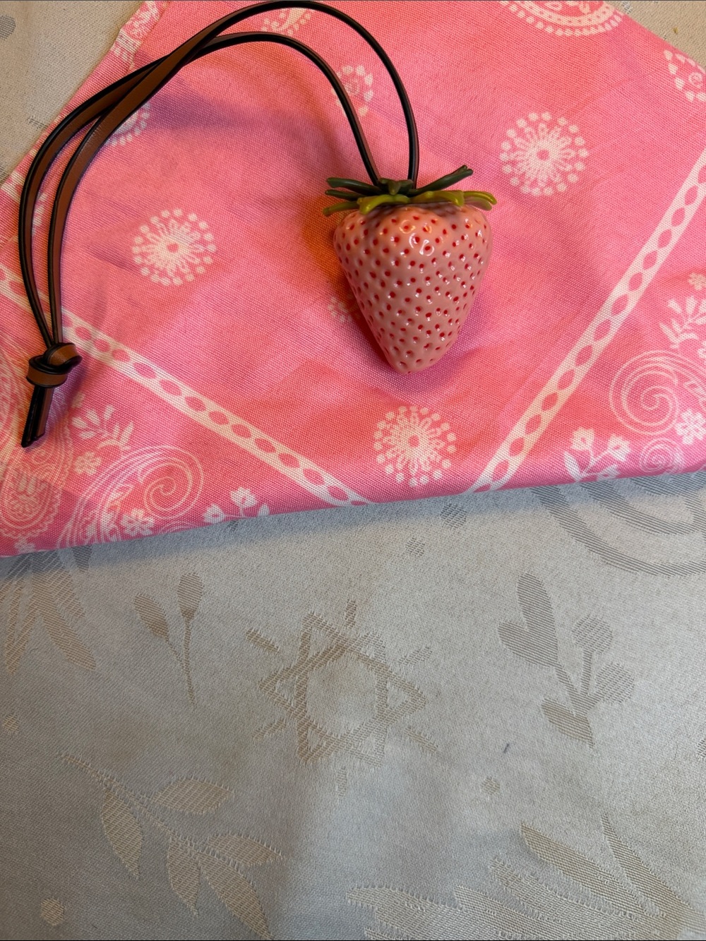 Strawberry Bag Charm in Pink with olive green leaves